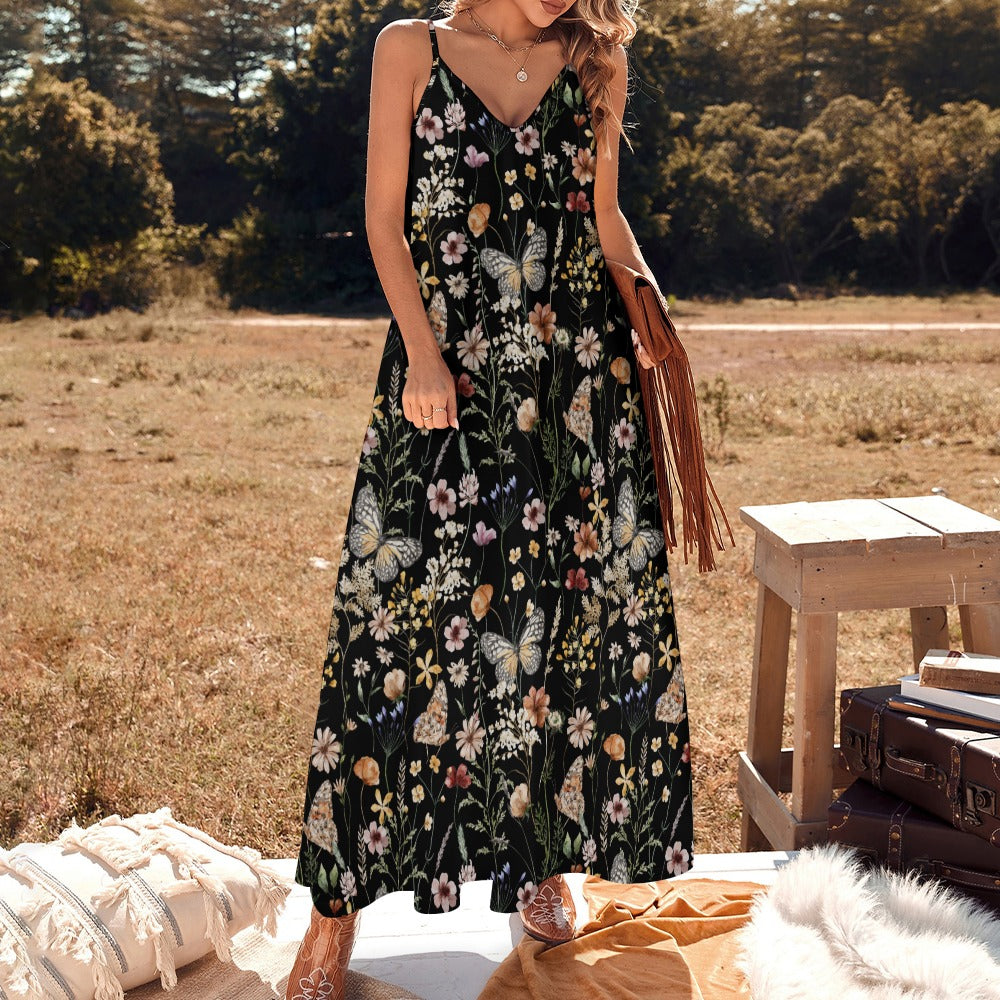 Boho Butterfly Meadow Wildflowers Print Maxi Dress