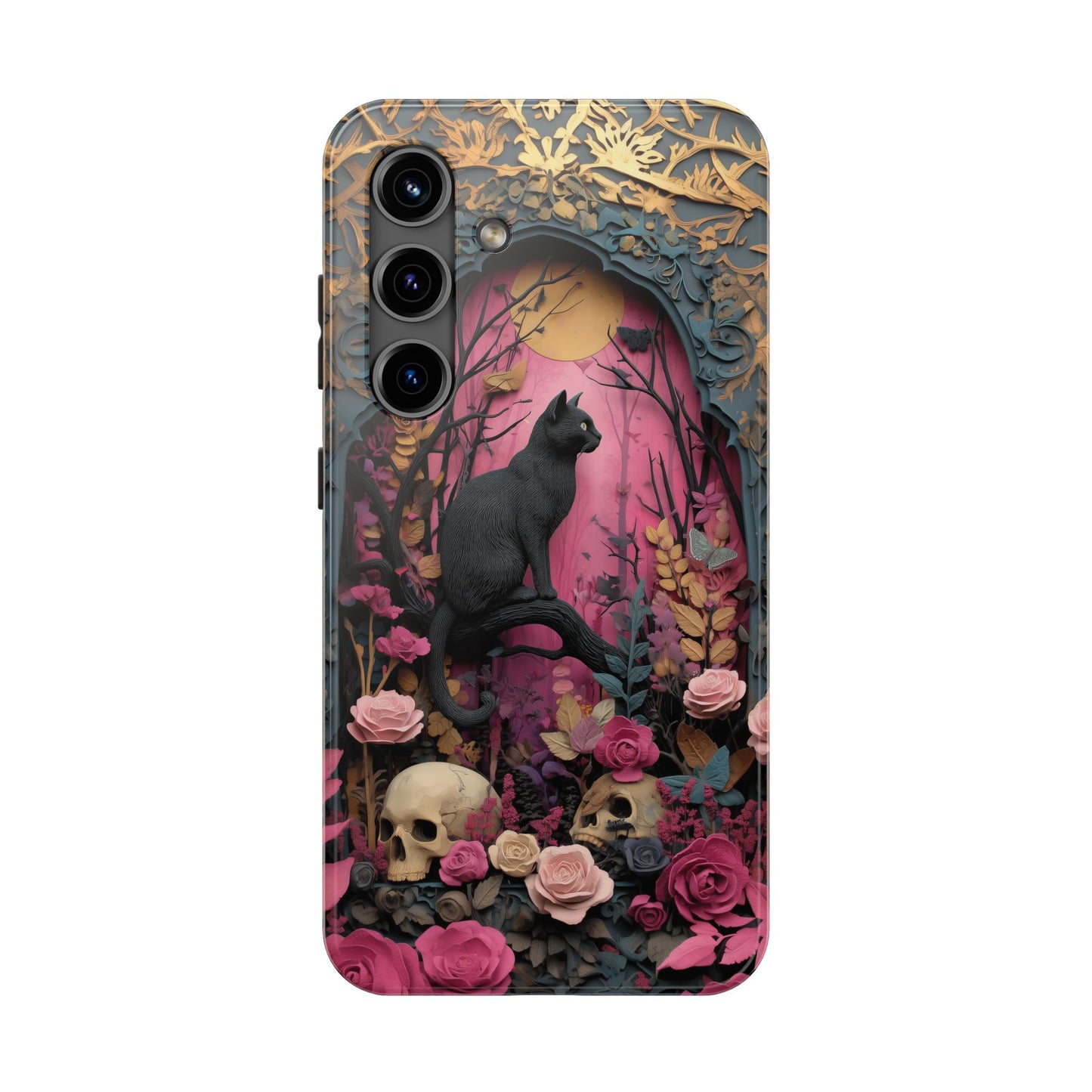 Gothic Cat & Floral Skulls Phone Case