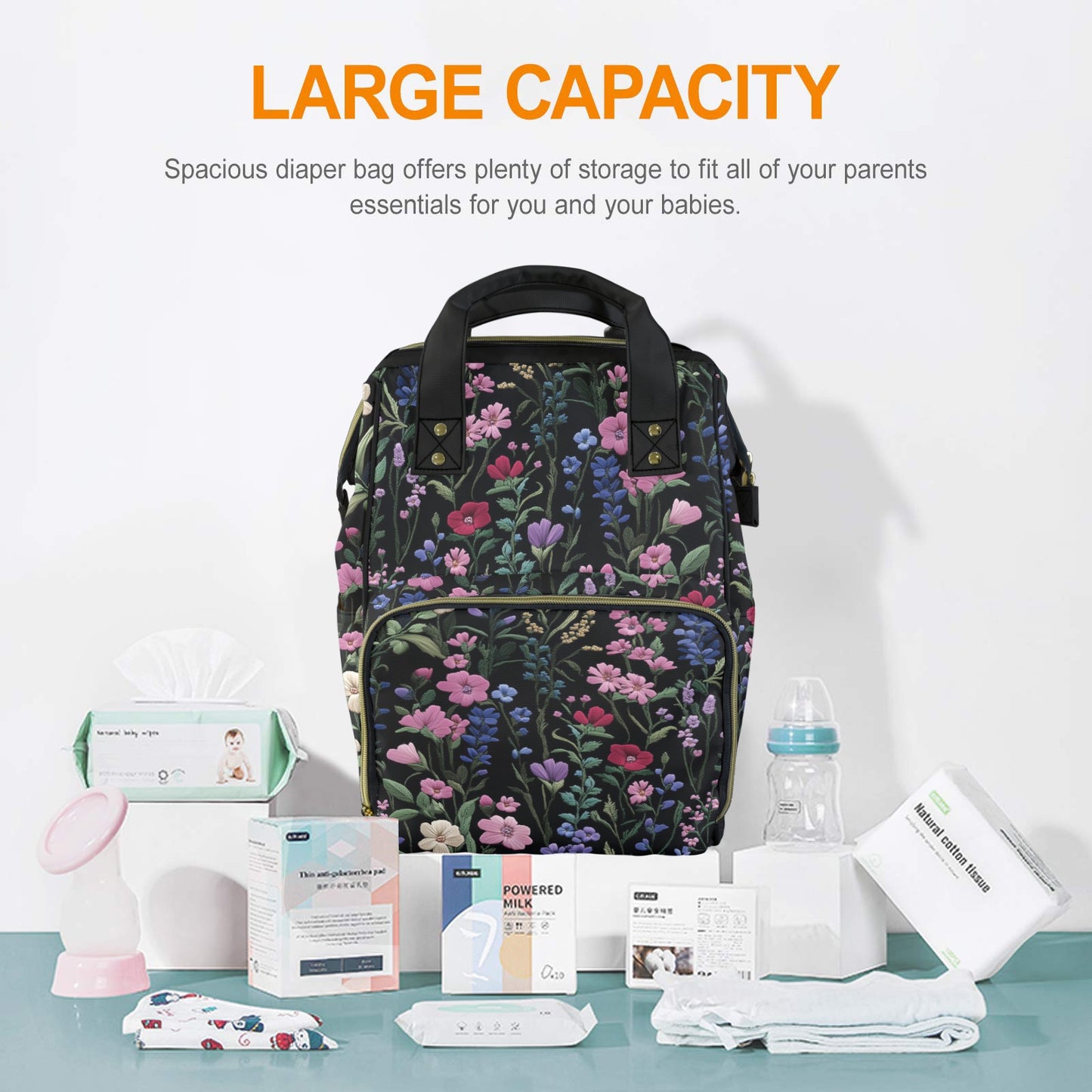Dark Cottagecore Faux-Embroidery Garden Floral Multifunctional Diaper Backpack