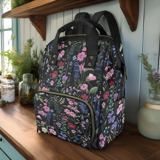 Dark Cottagecore Faux-Embroidery Garden Floral Multifunctional Diaper Backpack
