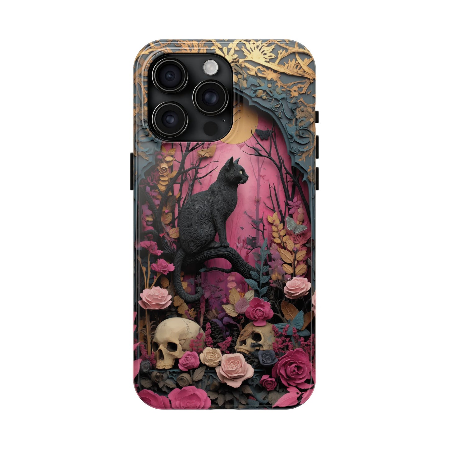 Gothic Cat & Floral Skulls Phone Case