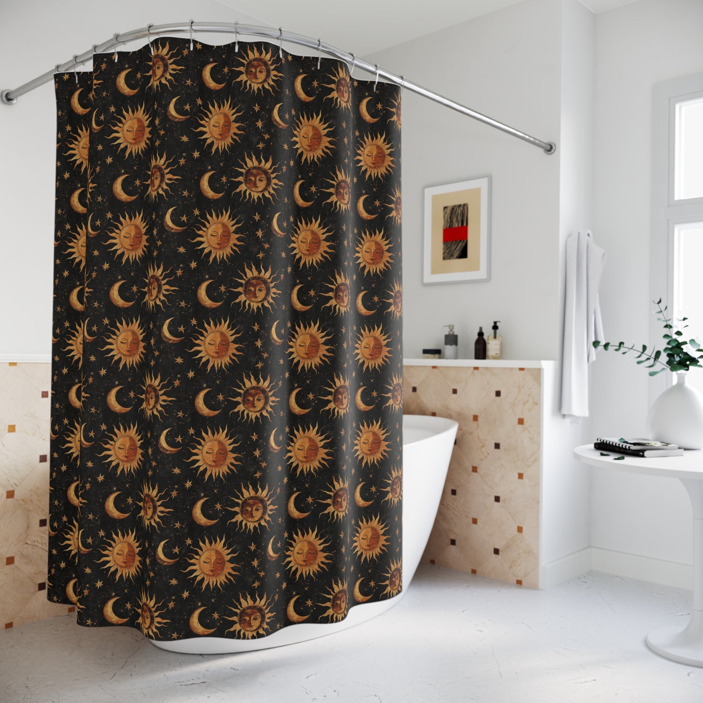 Boho Whimsigoth Medieval Suns Moons Shower Curtain & Bath Mat Set