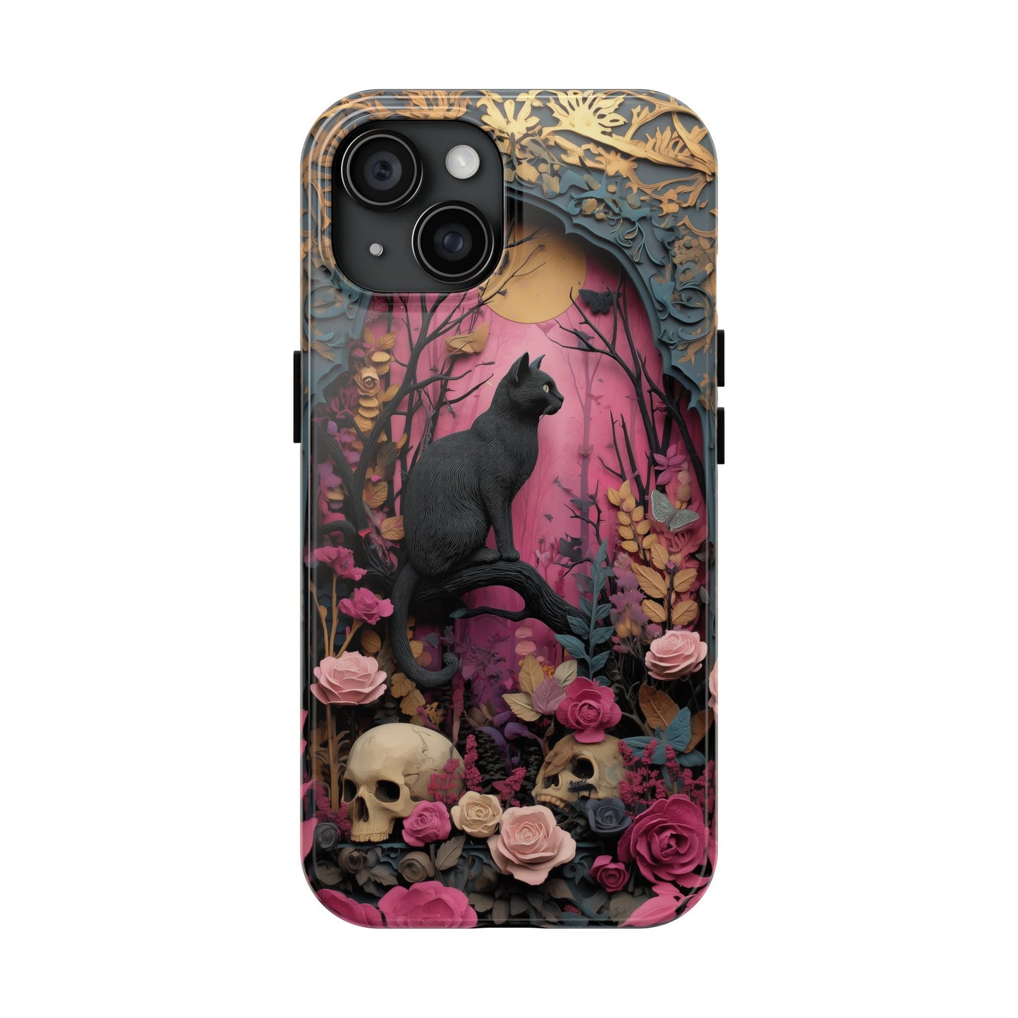 Gothic Cat & Floral Skulls Phone Case