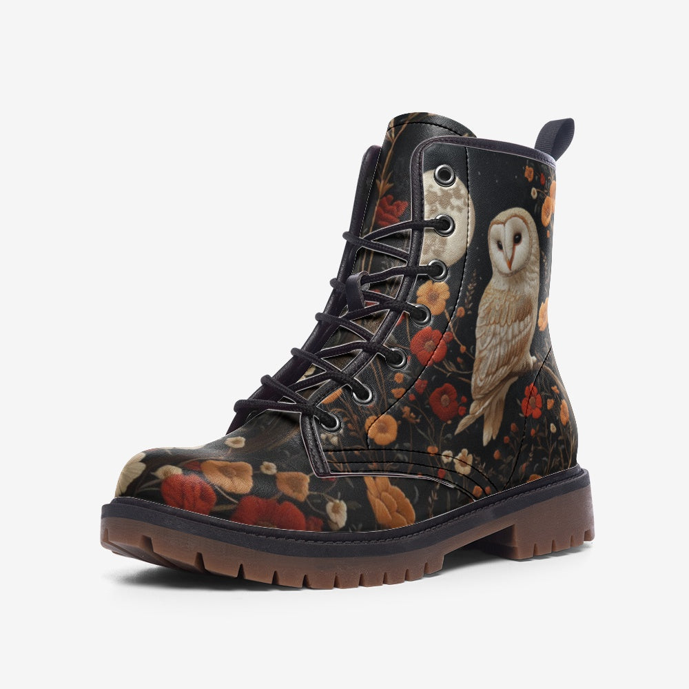 Faux-Embroidery Owl & Flowers Vegan Combat Boots