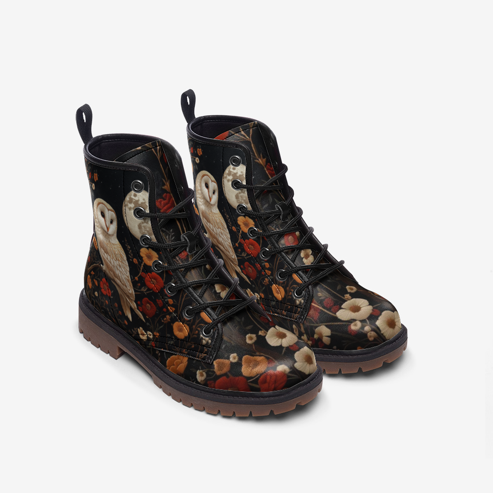 Faux-Embroidery Owl & Flowers Vegan Combat Boots