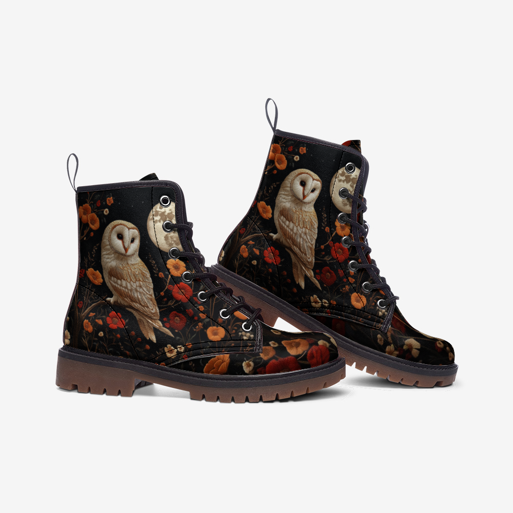 Faux-Embroidery Owl & Flowers Vegan Combat Boots
