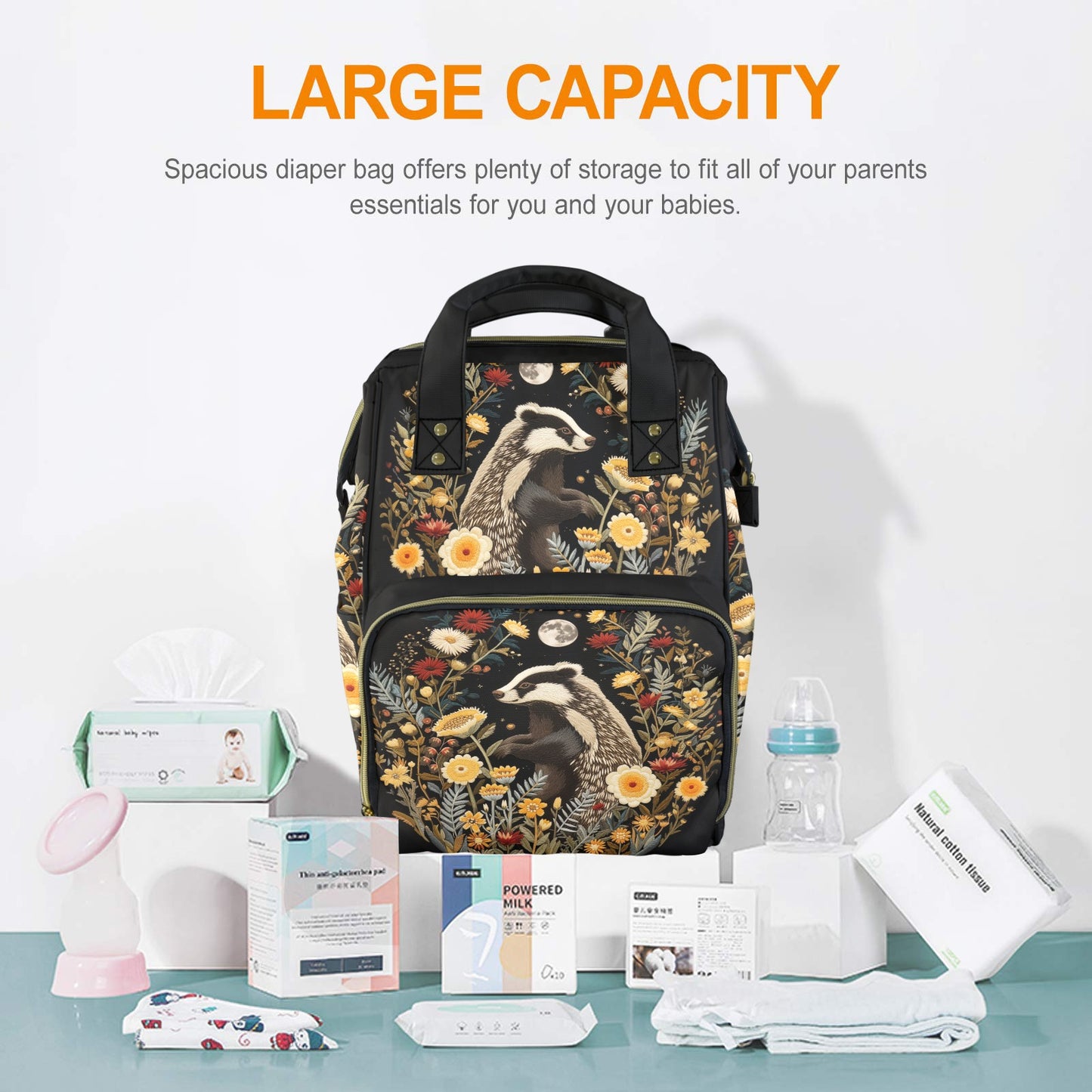 Whimsical Badger and Flowers Diaper Backpack