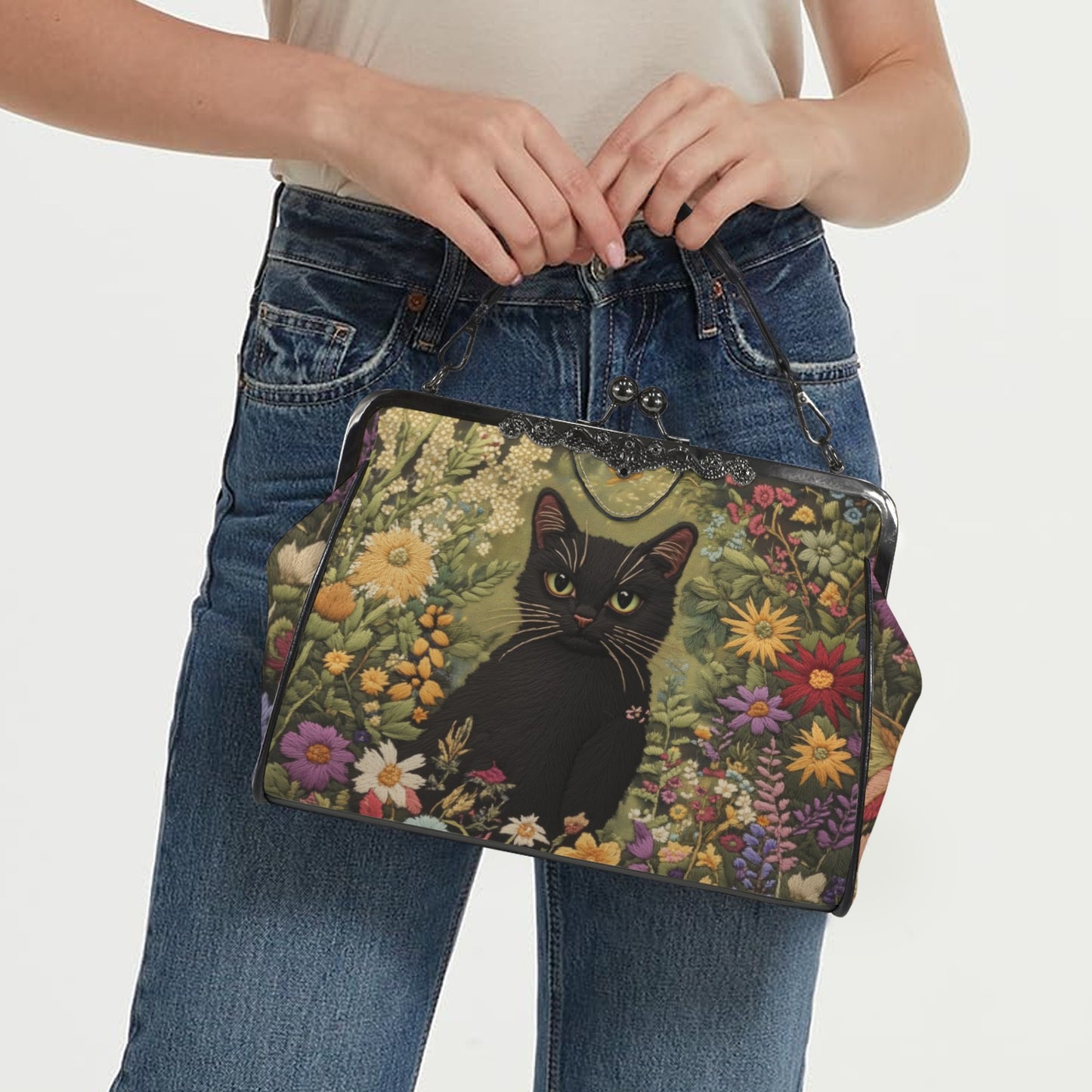 Faux-Embroidered Cat in the Garden Kisslock Purse