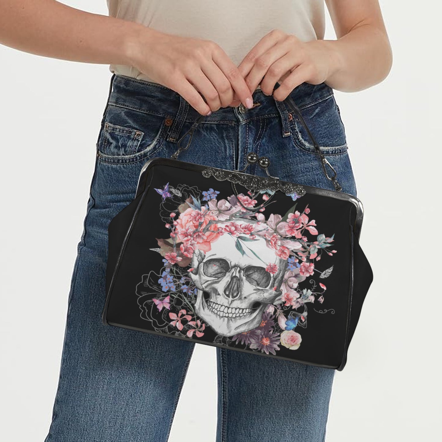Skull and Flowers Kisslock Handbag