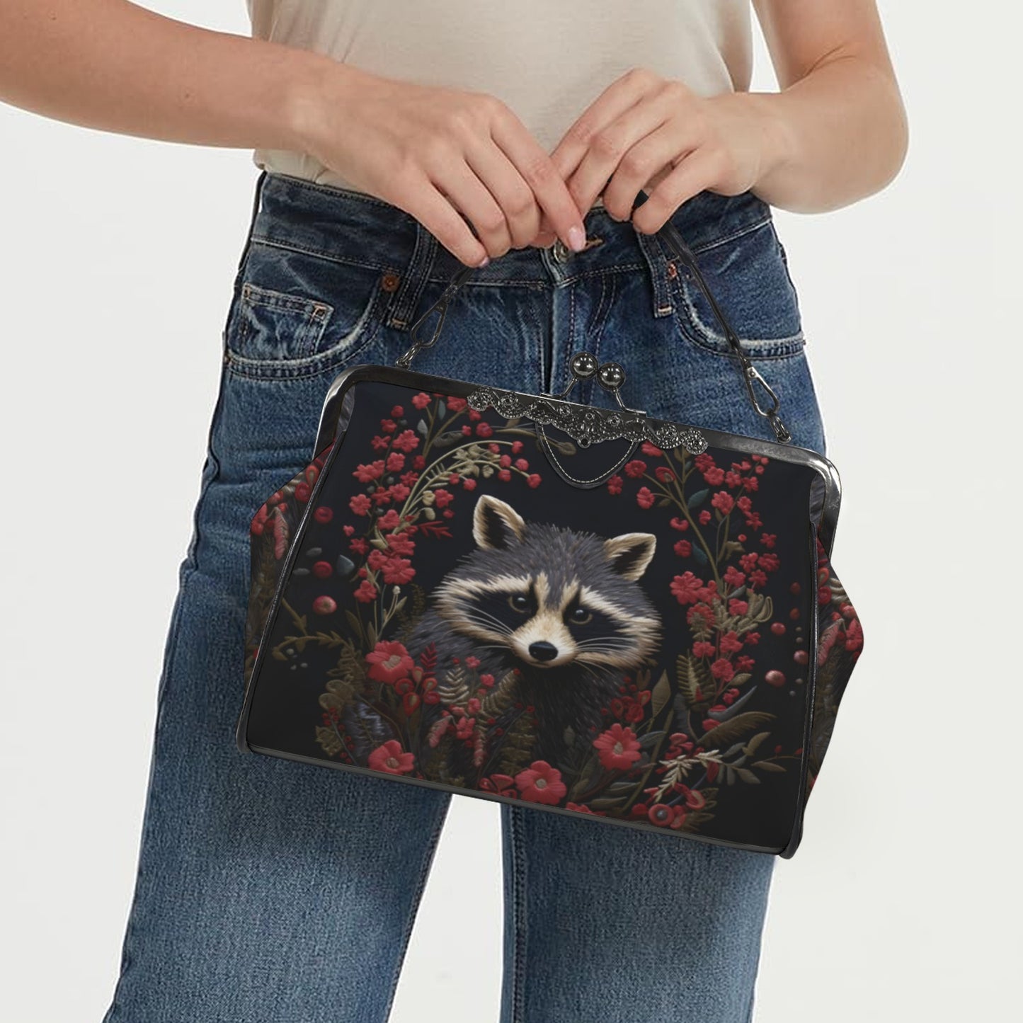 Raccoon and Flowers Kisslock Bag