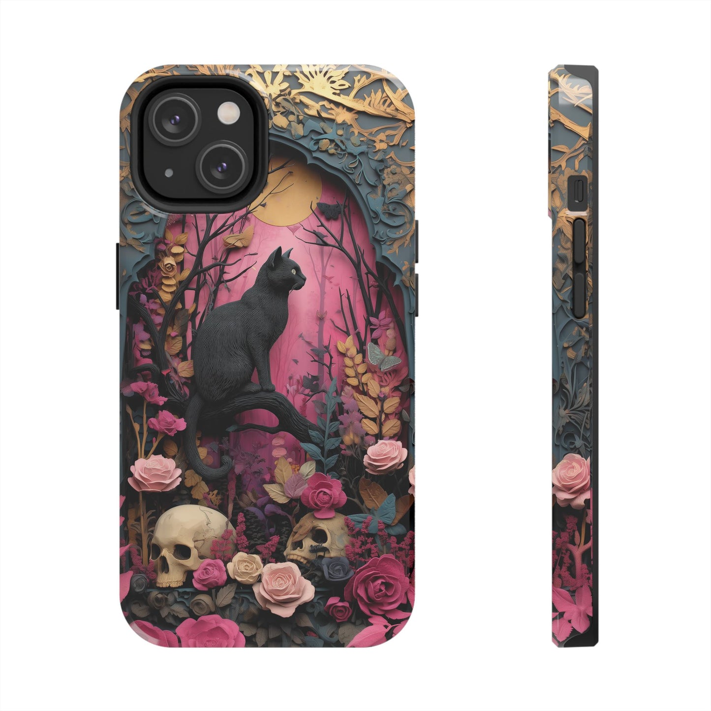 Gothic Cat & Floral Skulls Phone Case