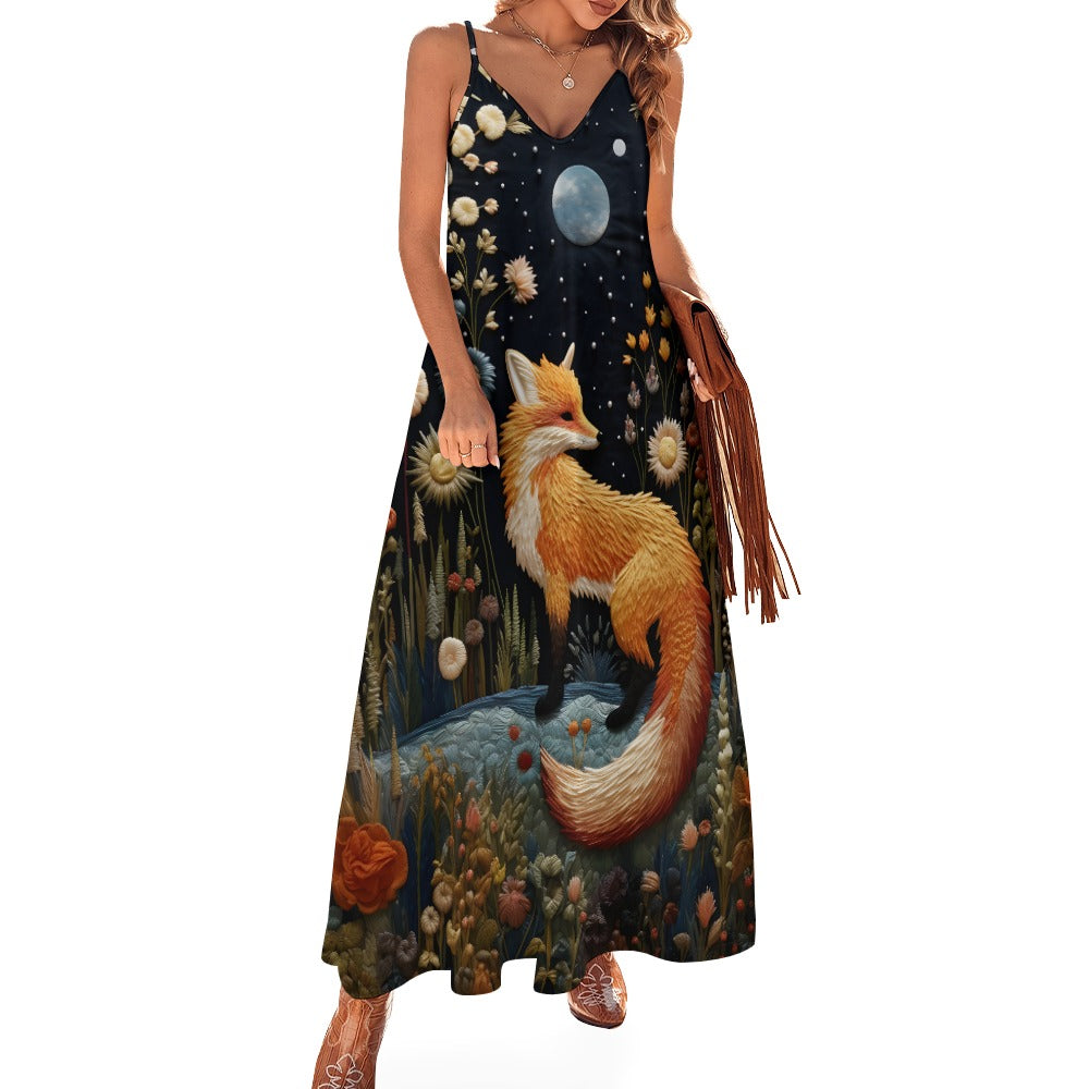 Dark Cottagecore Fox & Flowers Maxi Dress