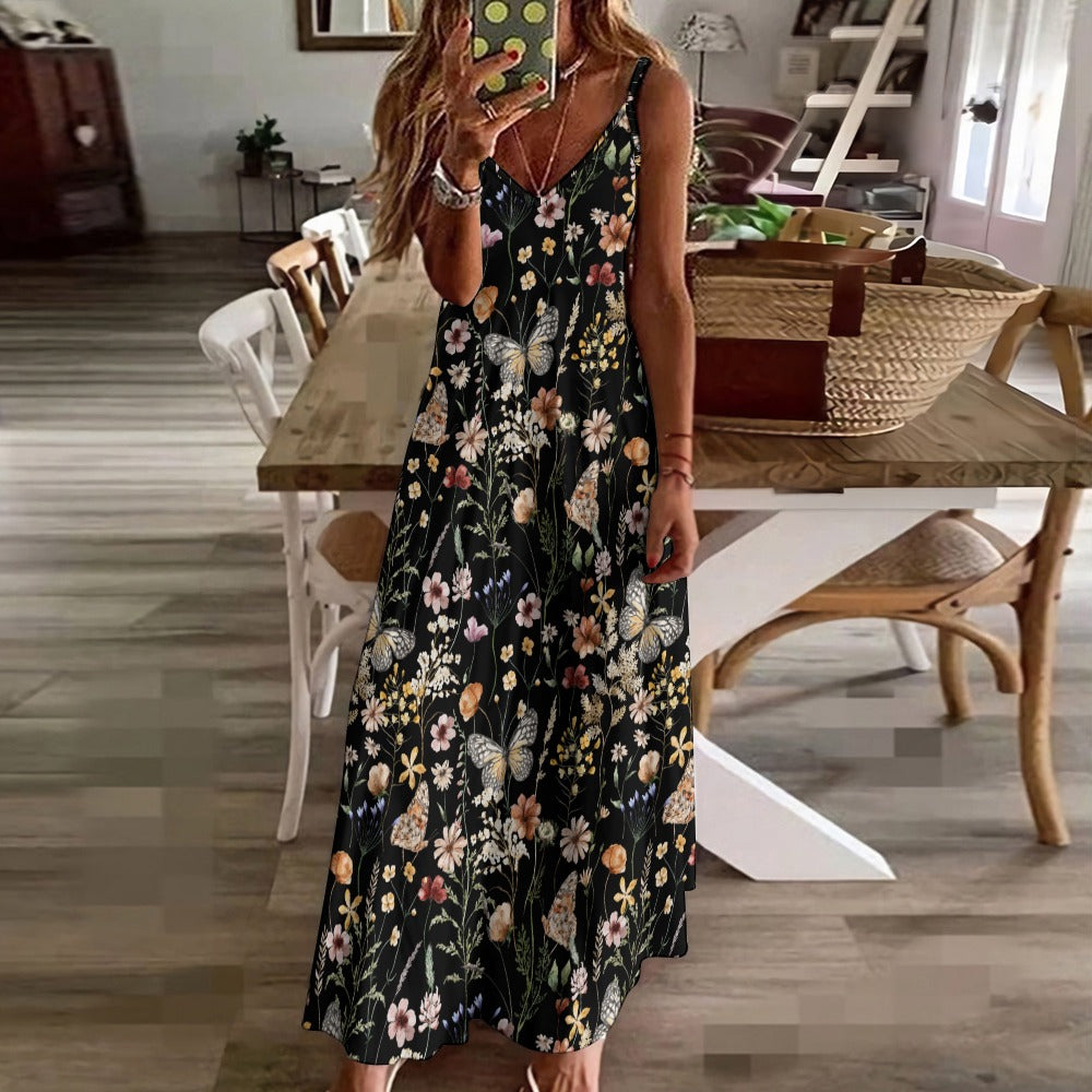 Boho Butterfly Meadow Wildflowers Print Maxi Dress
