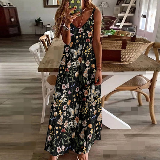 Boho Butterfly Meadow Wildflowers Print Maxi Dress