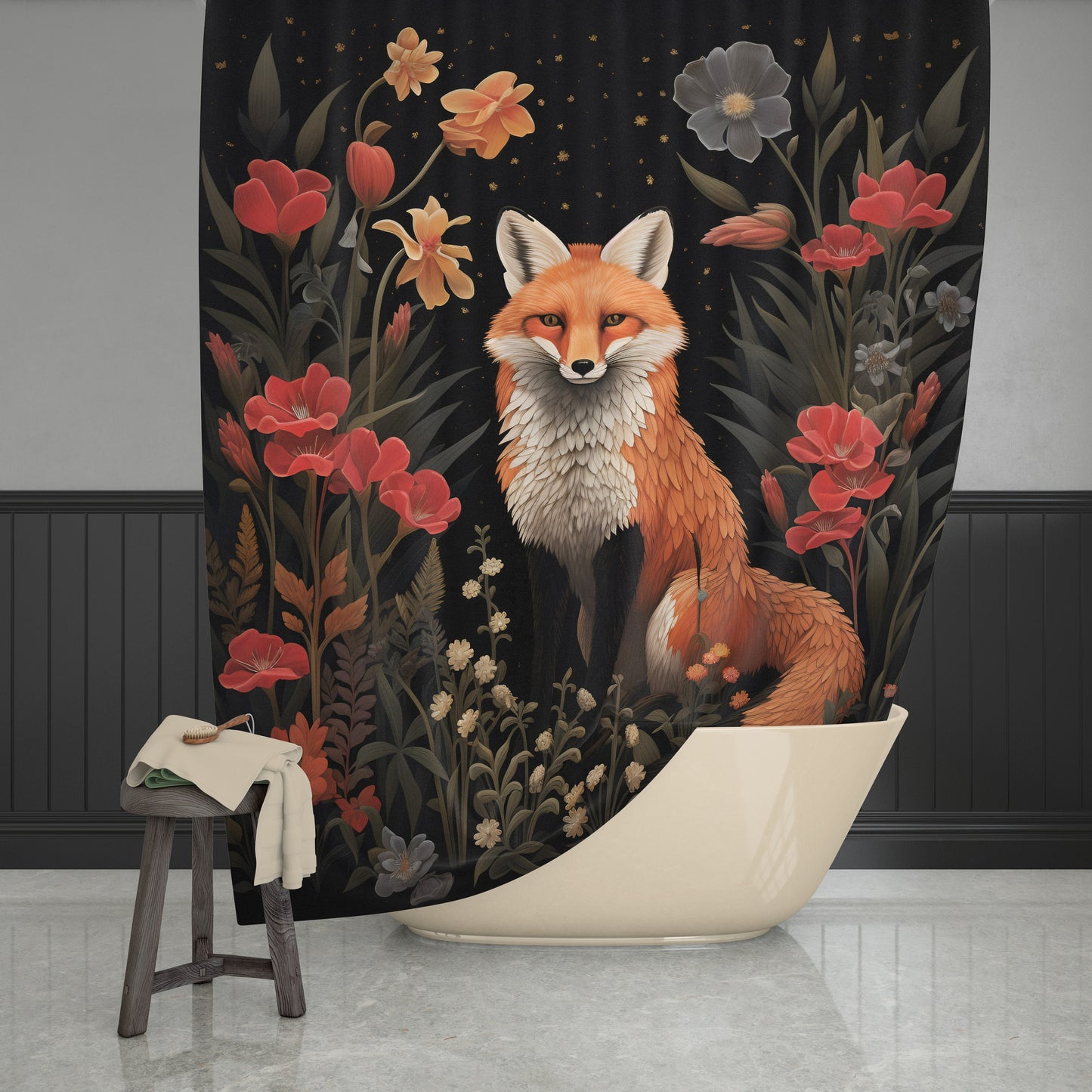 Dark Cottagecore Woodland Fox and Flowers Bath Shower Curtain