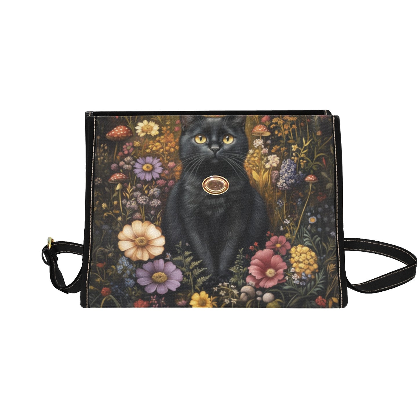 Black Cat in the Flower Garden Vegan Satchel Purse