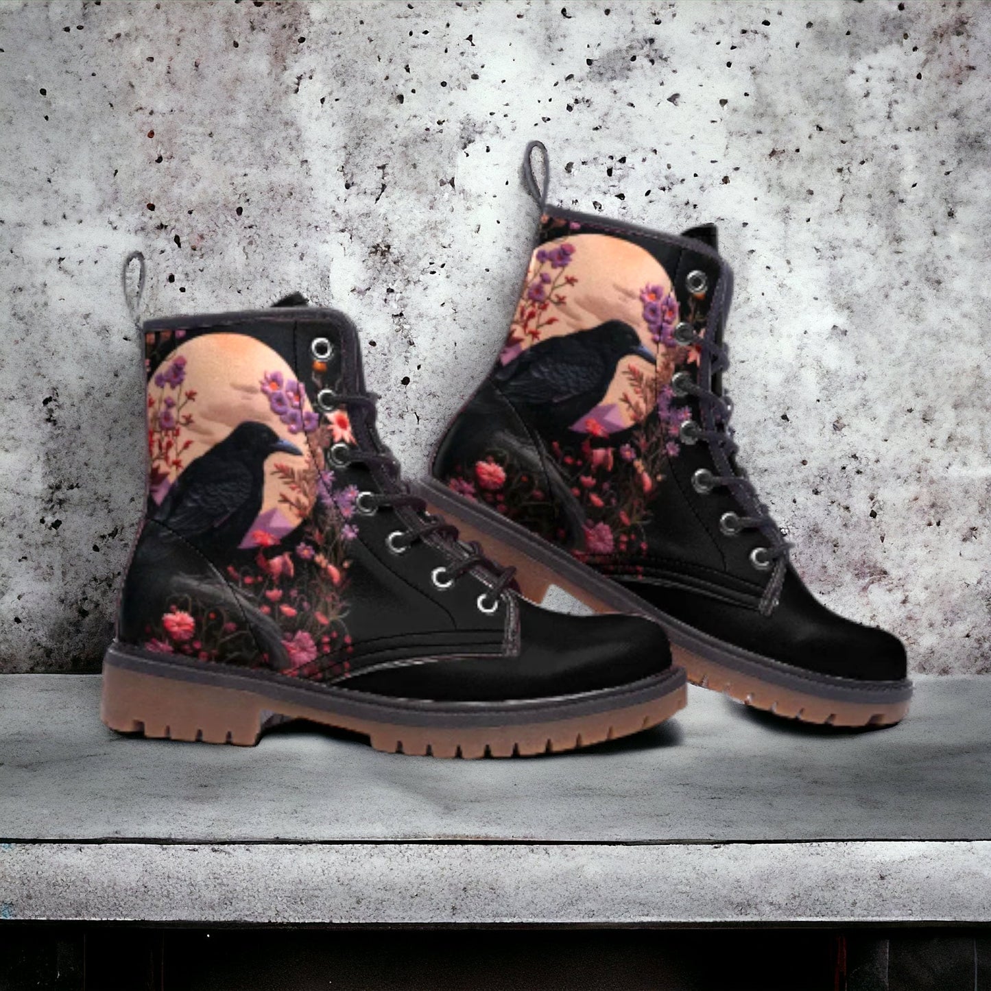 Faux-Embroidered Crow & Flowers Vegan Boots