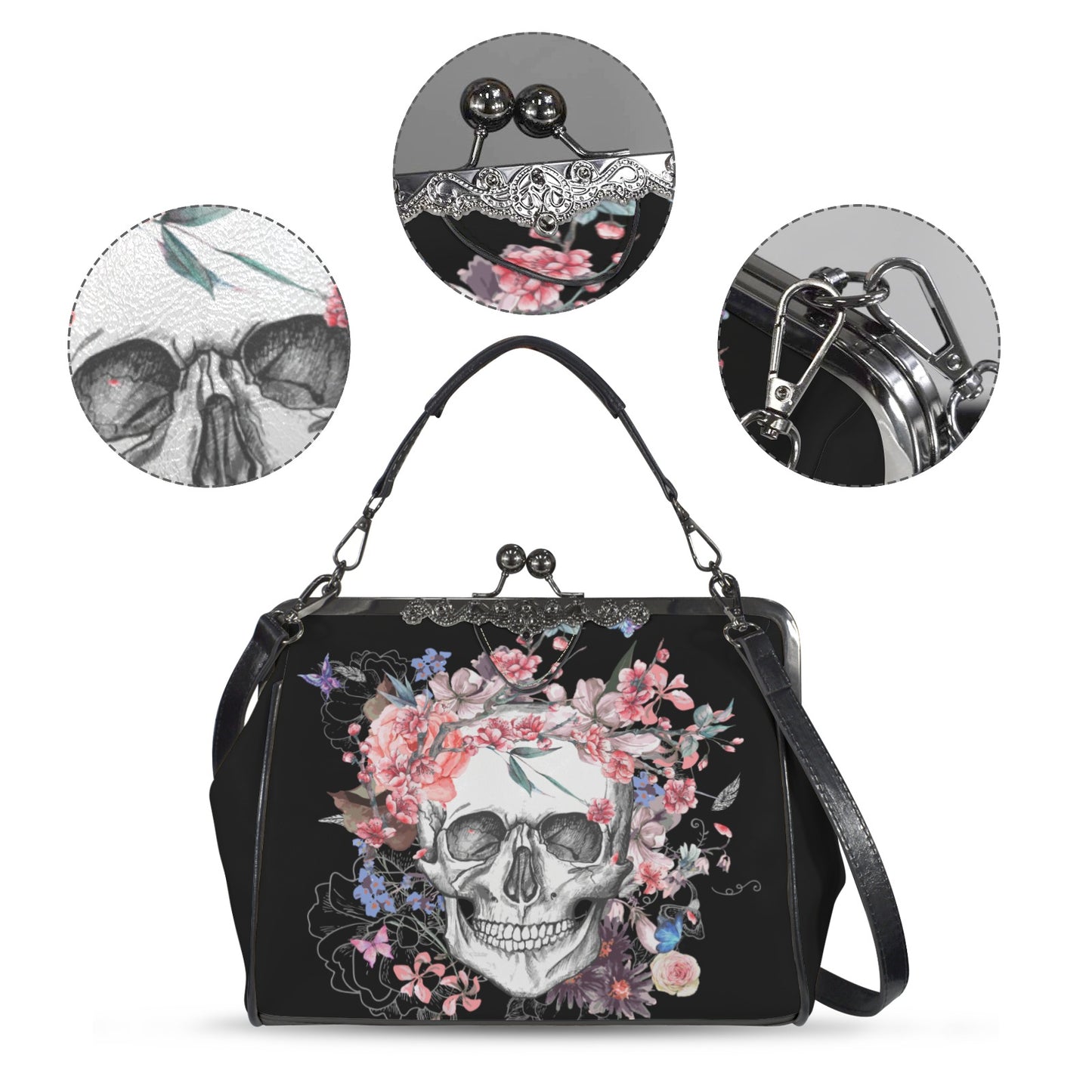 Skull and Flowers Kisslock Handbag