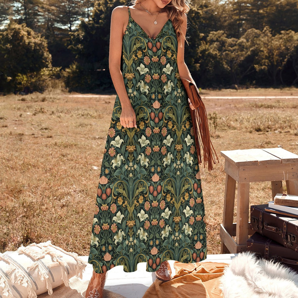 Boho Floral Lilies Strawberries Maxi Dress
