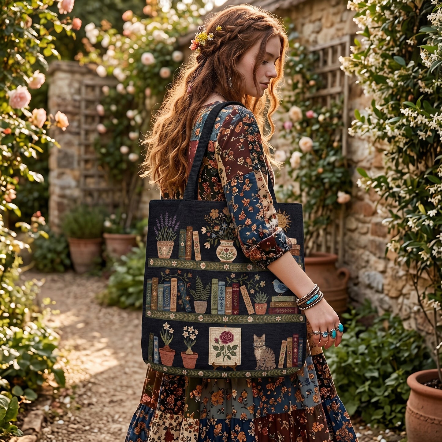 Whimsical Book Lover Woven Tote Bag