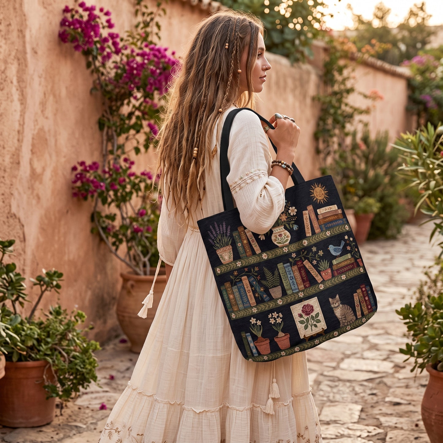 Whimsical Book Lover Woven Tote Bag