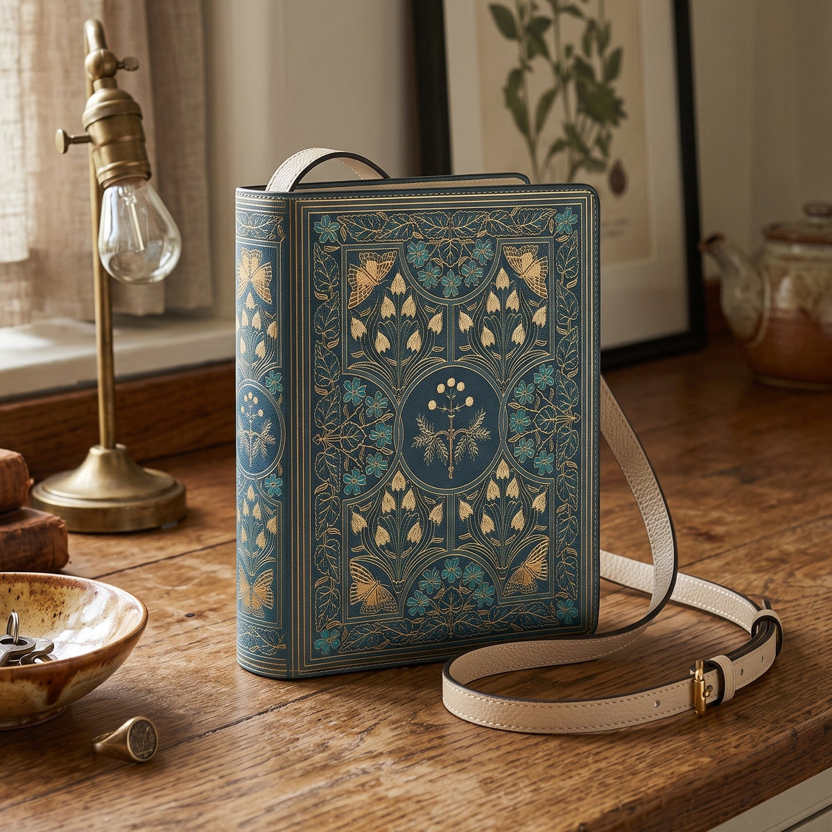 A vintage-style book shaped purse 
with an ornate teal and gold floral pattern, standing on a rustic wooden table next to a brass lamp and a ceramic bowl.