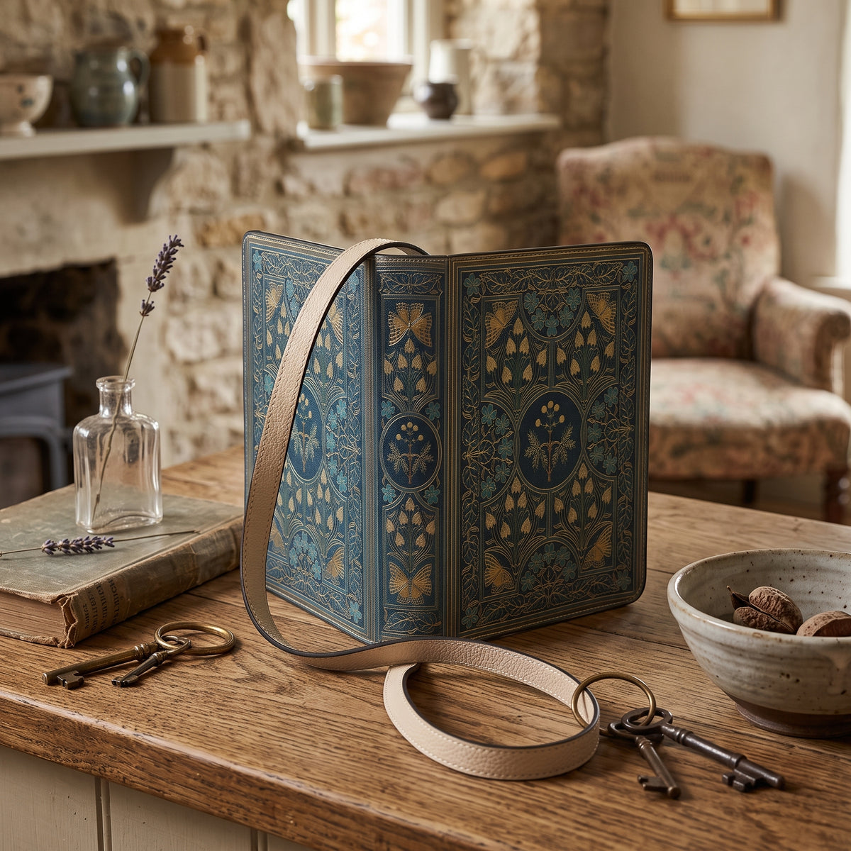Teal & Gold Botanical Book-shaped Purse