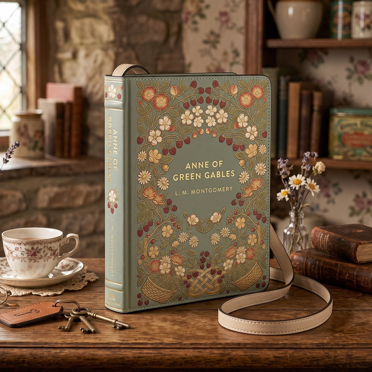A decorative Anne of Green Gables book-style clutch or crossbody bag stands on a wooden table in a cozy, vintage-inspired room. The bag has a muted sage green cover with an intricate floral pattern in cream, rust, and olive tones, and a matching floral strap.