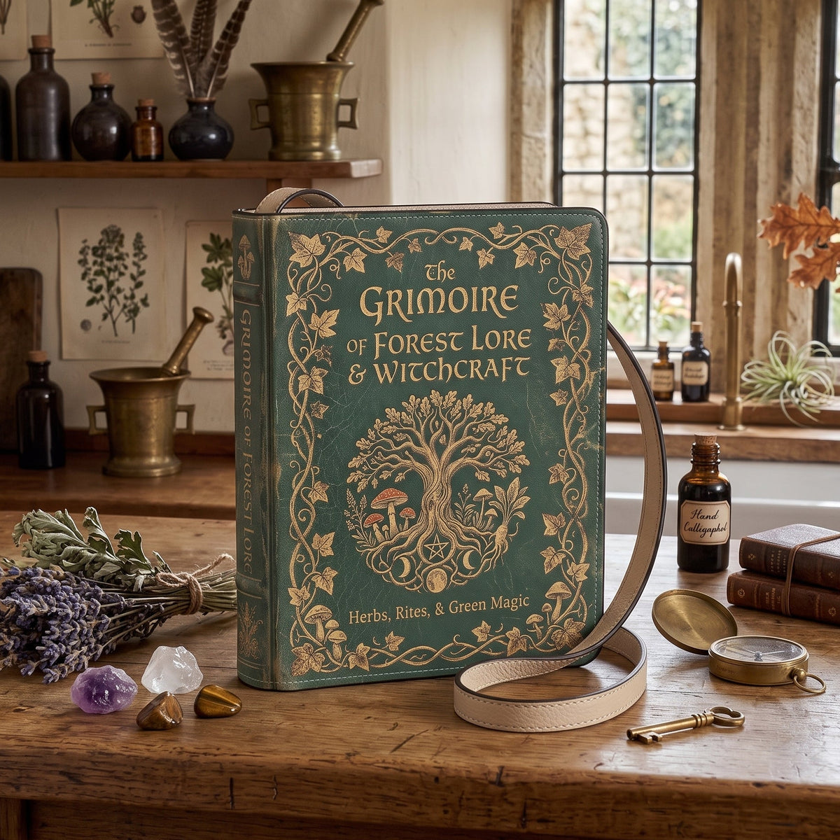 A decorative hardcover book titled "The Grimoire or Forest Lore & Witchcraft" stands open on a rustic wooden table, surrounded by vintage-style props including dried lavender, crystals, small bottles, a compass, and keys in a sunlit room with windows and botanical wall art.
