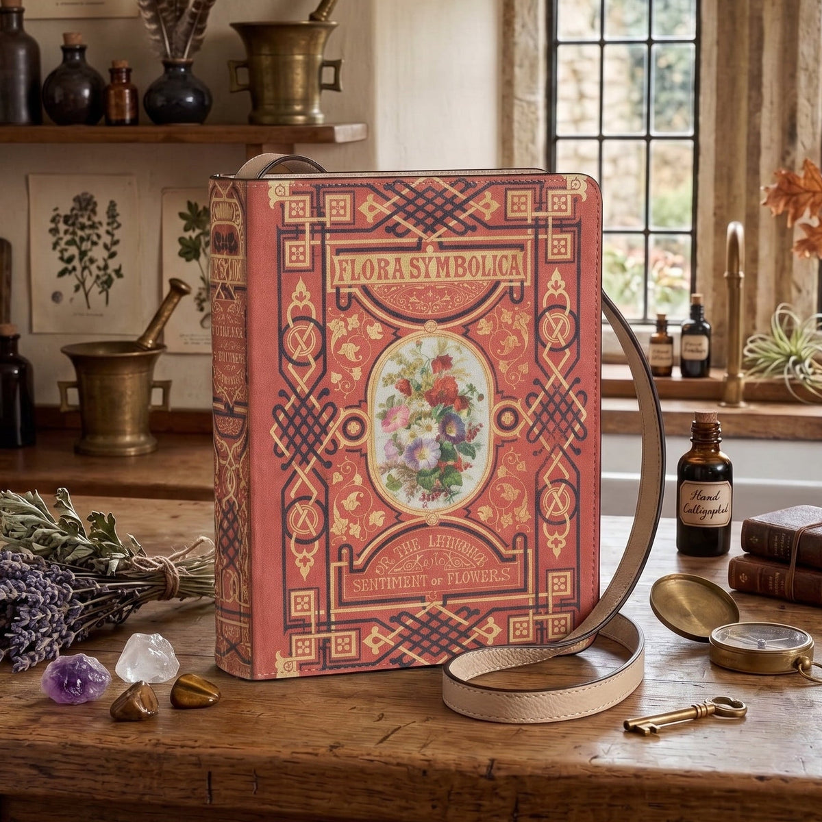 A decorative floral symbol book-style box with a long tan leather strap sits on a rustic wooden table in a vintage-style room. The box has ornate red, gold, and cream patterns with a central floral illustration.