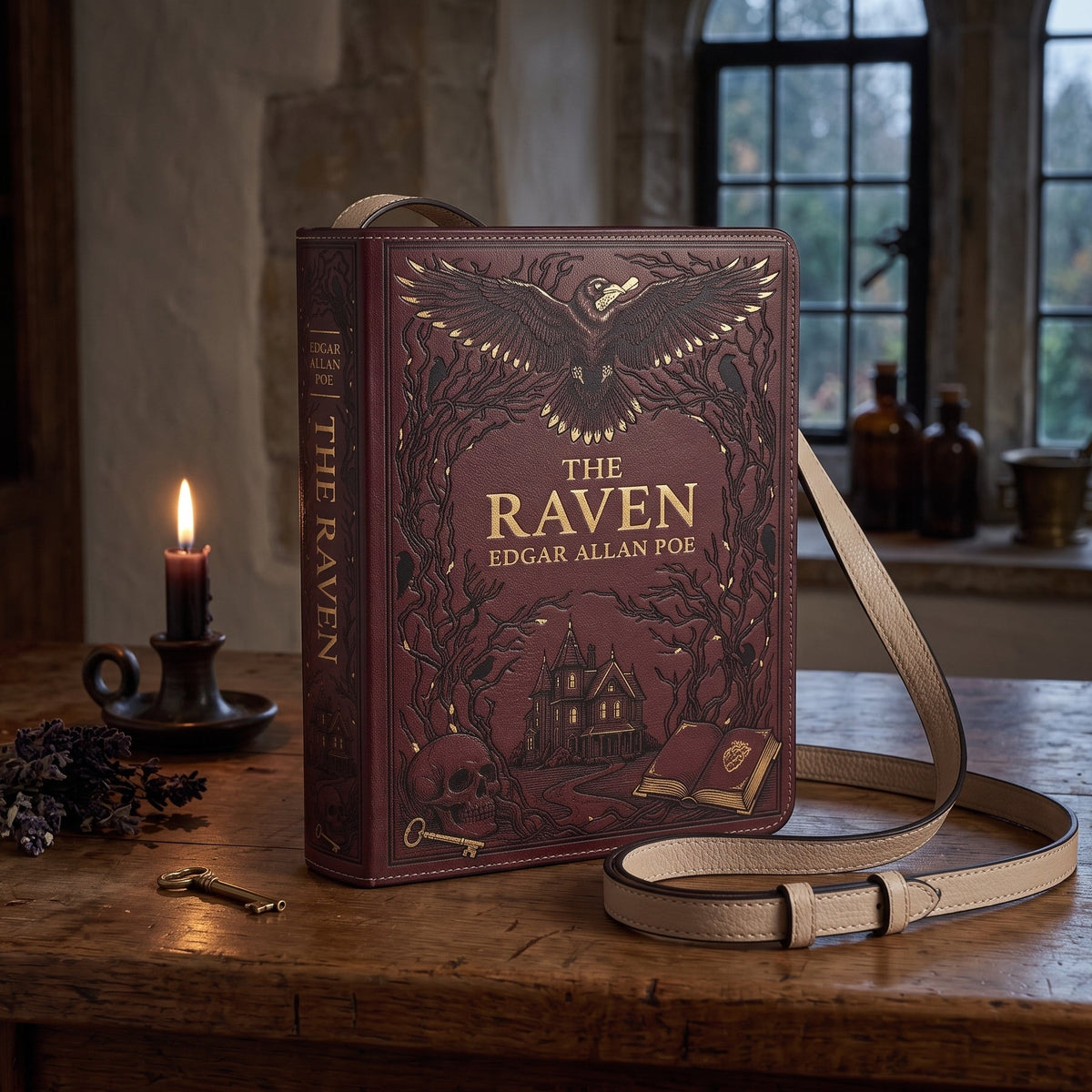 A leather book-style crossbody bag designed to look like 'The Raven' by Edgar Allan Poe, standing on a rustic wooden table with a lit candle and old books in a dimly lit room. The bag has a dark burgundy cover with gold lettering and an eagle illustration, and a light beige leather strap.
