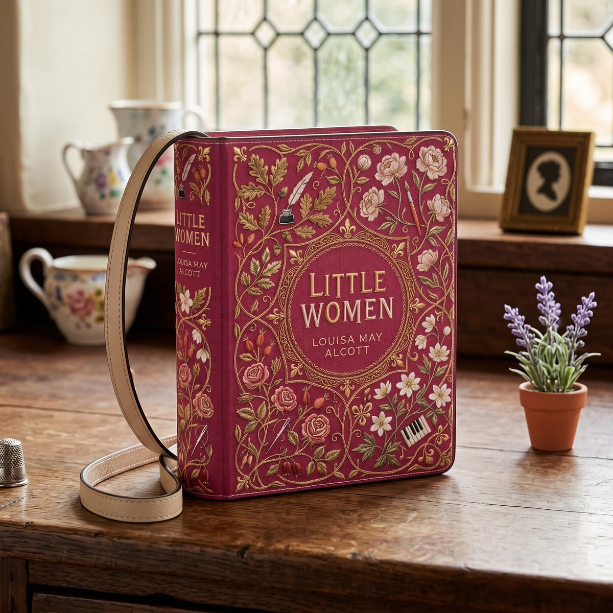 A structured book-shaped shoulder bag with a red cover and gold floral illustration, standing on a wooden table with a cream strap. The front reads 'LITTLE WOMEN' and 'LOUISA MAY ALCOFT.
