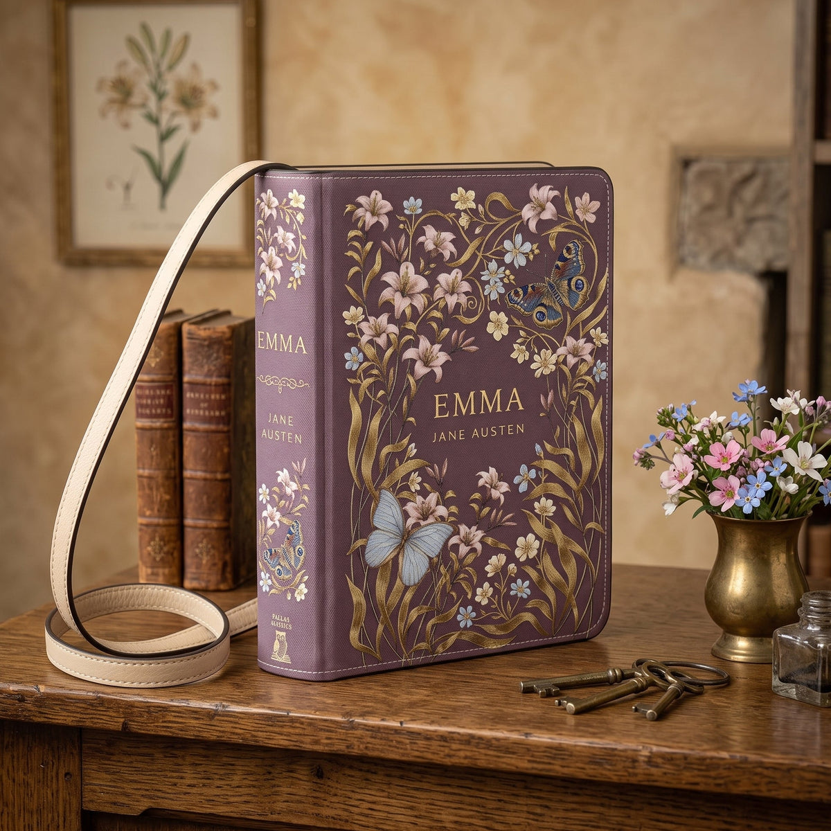 A purple faux-leather book-shaped clutch with a long cream strap, decorated with gold and multicolor floral and butterfly motifs, styled on a wooden table with vintage props.