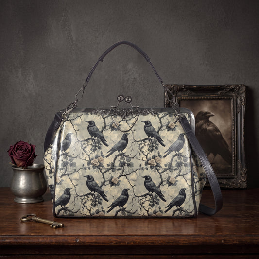Gothic Grey Ravens Kisslock Handbag