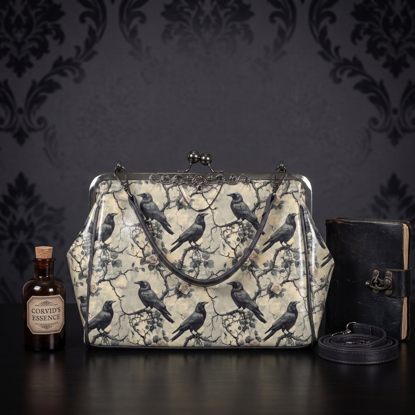 Gothic Grey Ravens Kisslock Handbag