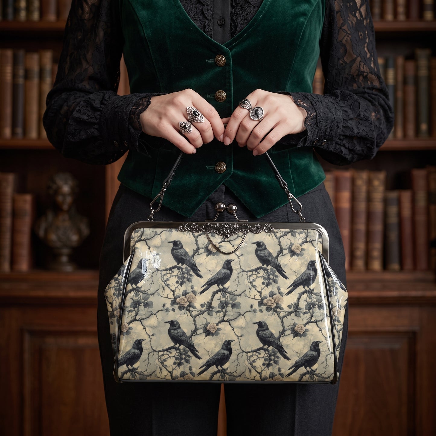 Gothic Grey Ravens Kisslock Handbag