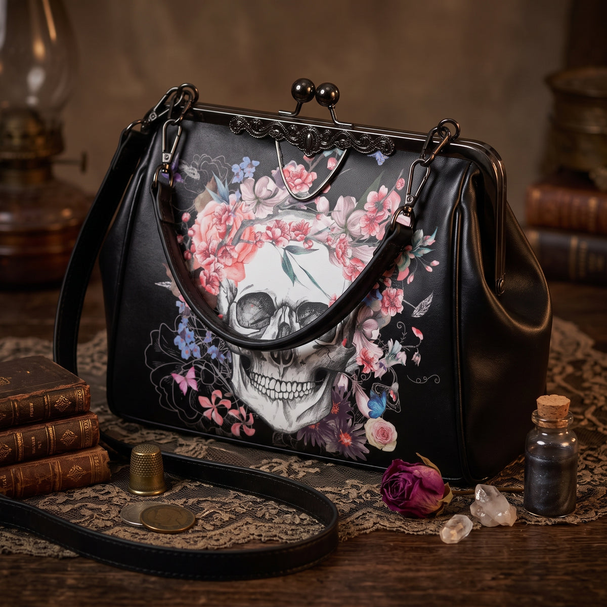 Skull and Flowers Kisslock Handbag