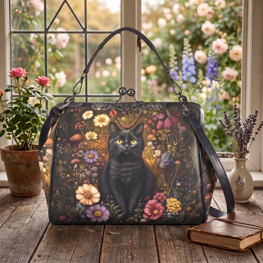 Black Cat & Flower Garden Kisslock Handbag