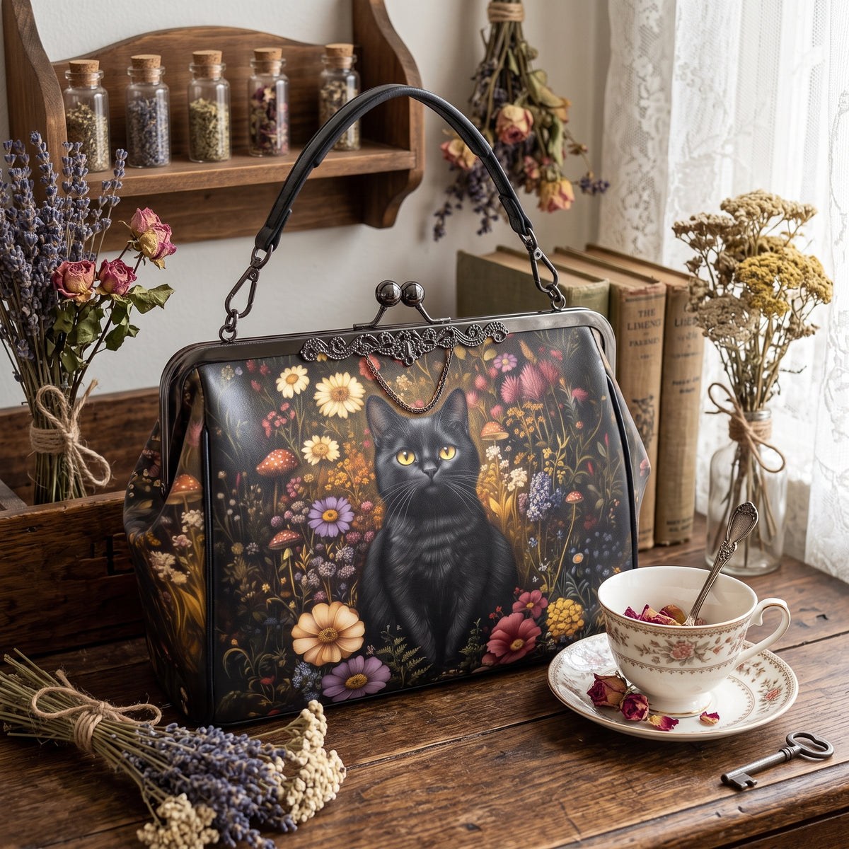 Black Cat & Flower Garden Kisslock Handbag