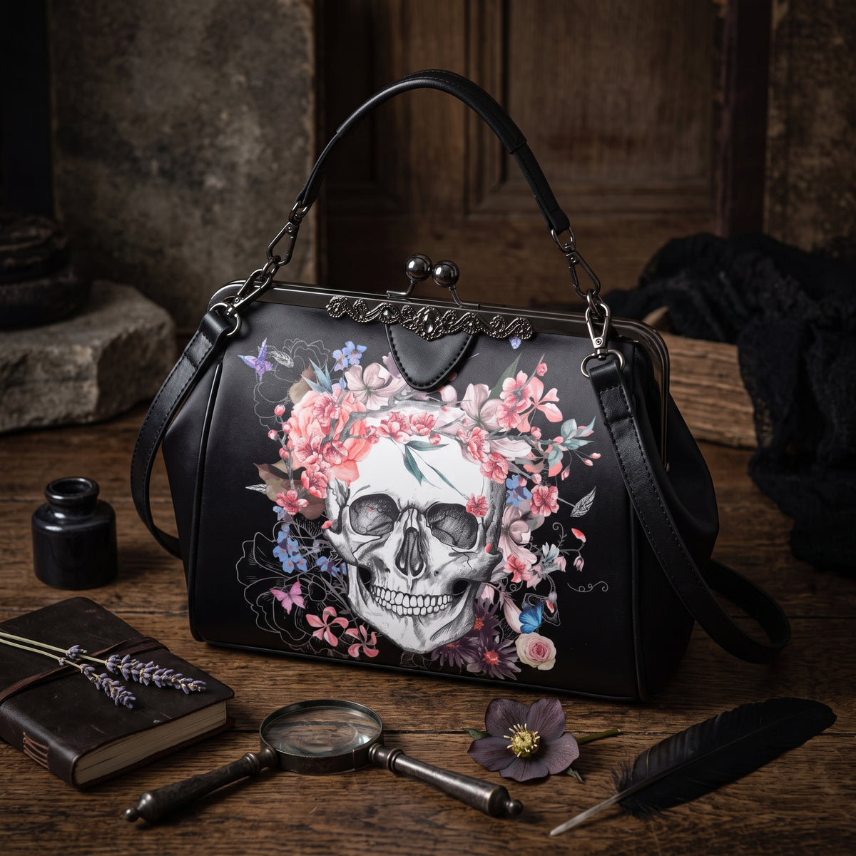 Skull and Flowers Kisslock Handbag