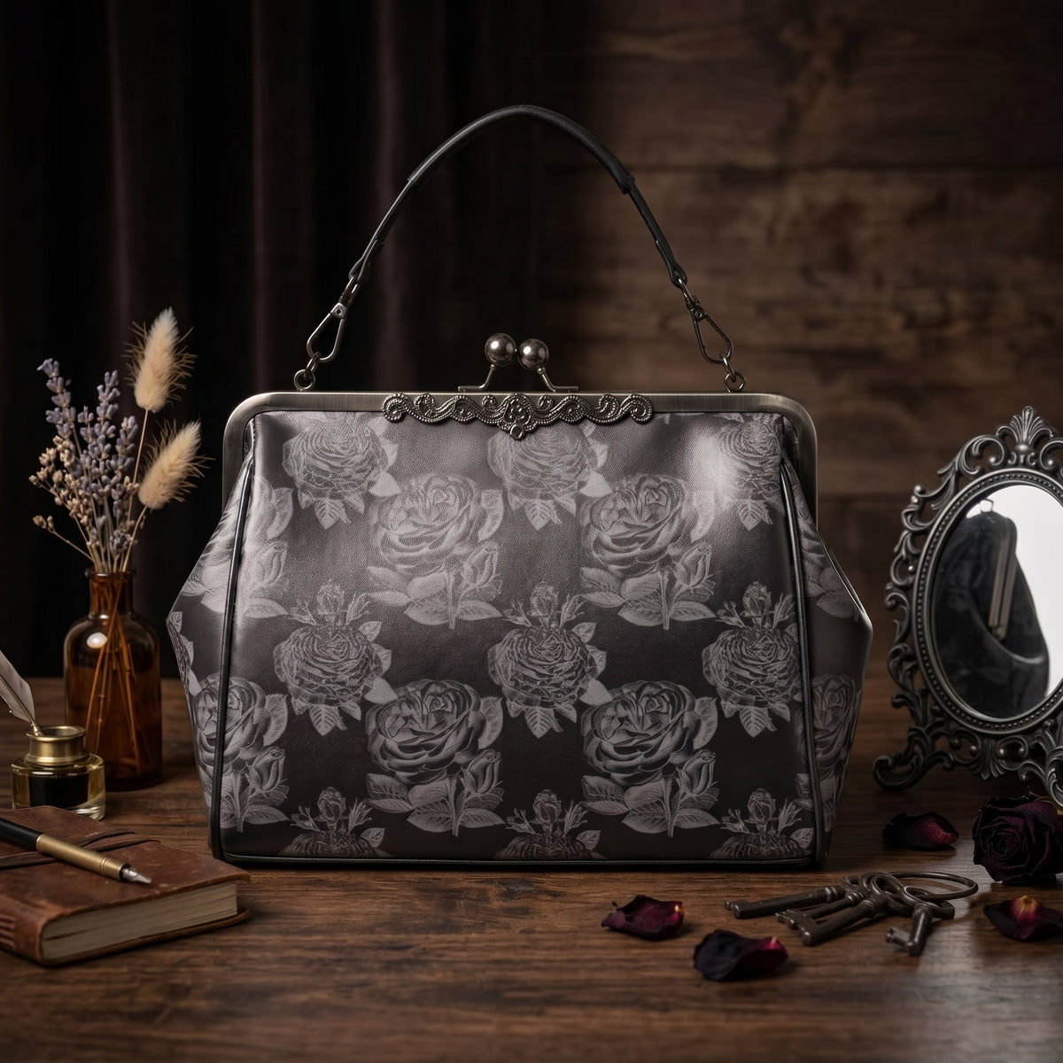 Gothic Black Roses Kisslock Purse