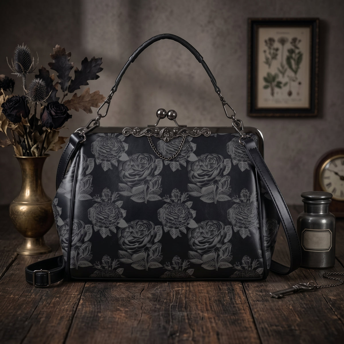 Gothic Black Roses Kisslock Purse