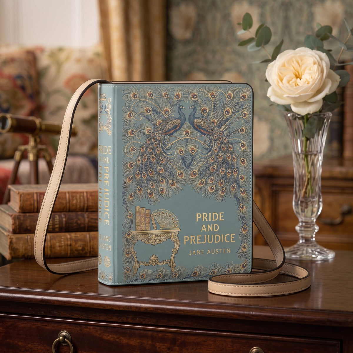 A light blue book-shaped crossbody bag with a tan strap, featuring gold foil illustrations of peacocks and the text 'PRIDE AND PREJUDICE JANE AUSTEN' on the front, styled on a wooden table with a rose in a vase and a telescope in the background.