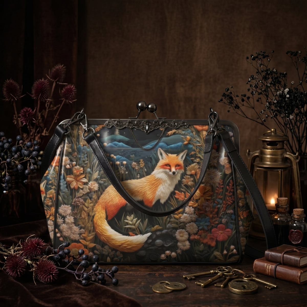 Dark Faux-embroidered Fox Kisslock Handbag