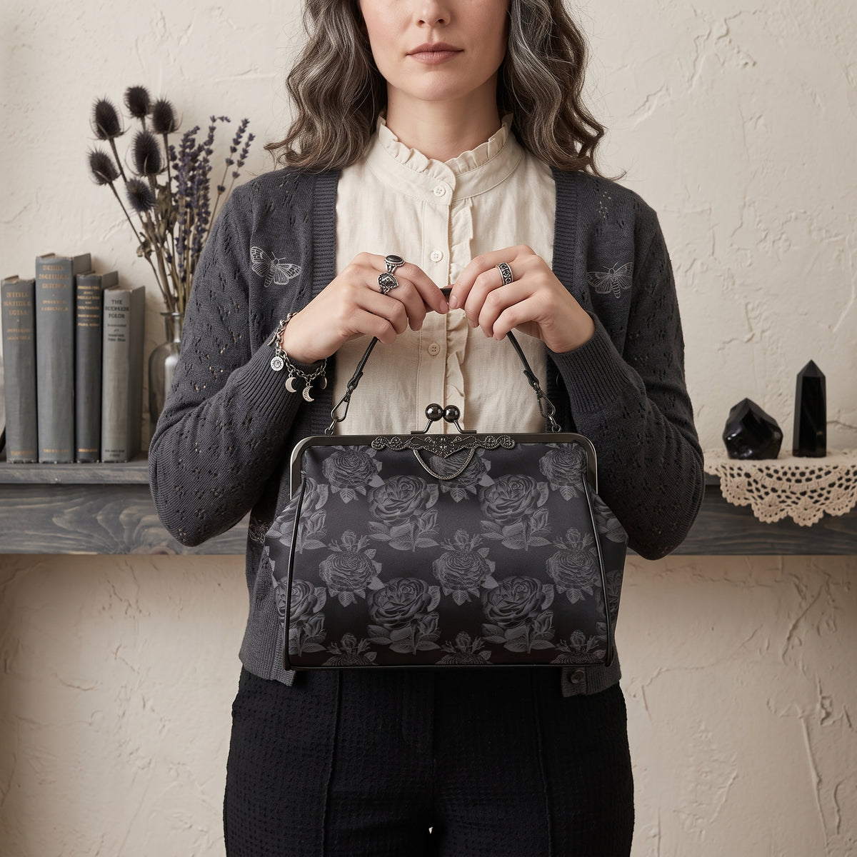 Gothic Black Roses Kisslock Purse