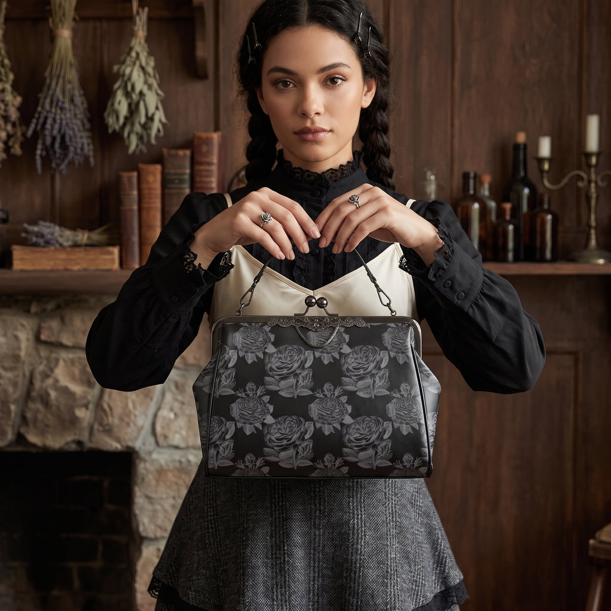 Gothic Black Roses Kisslock Purse