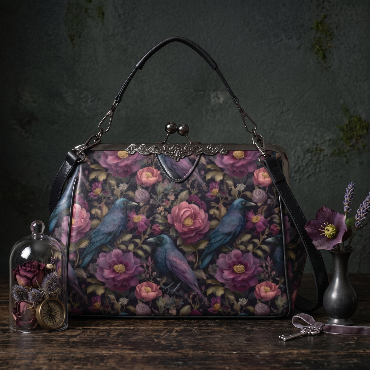 Ravens and Purple Flowers Kisslock Purse