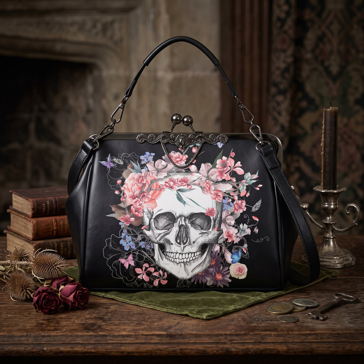 Skull and Flowers Kisslock Handbag