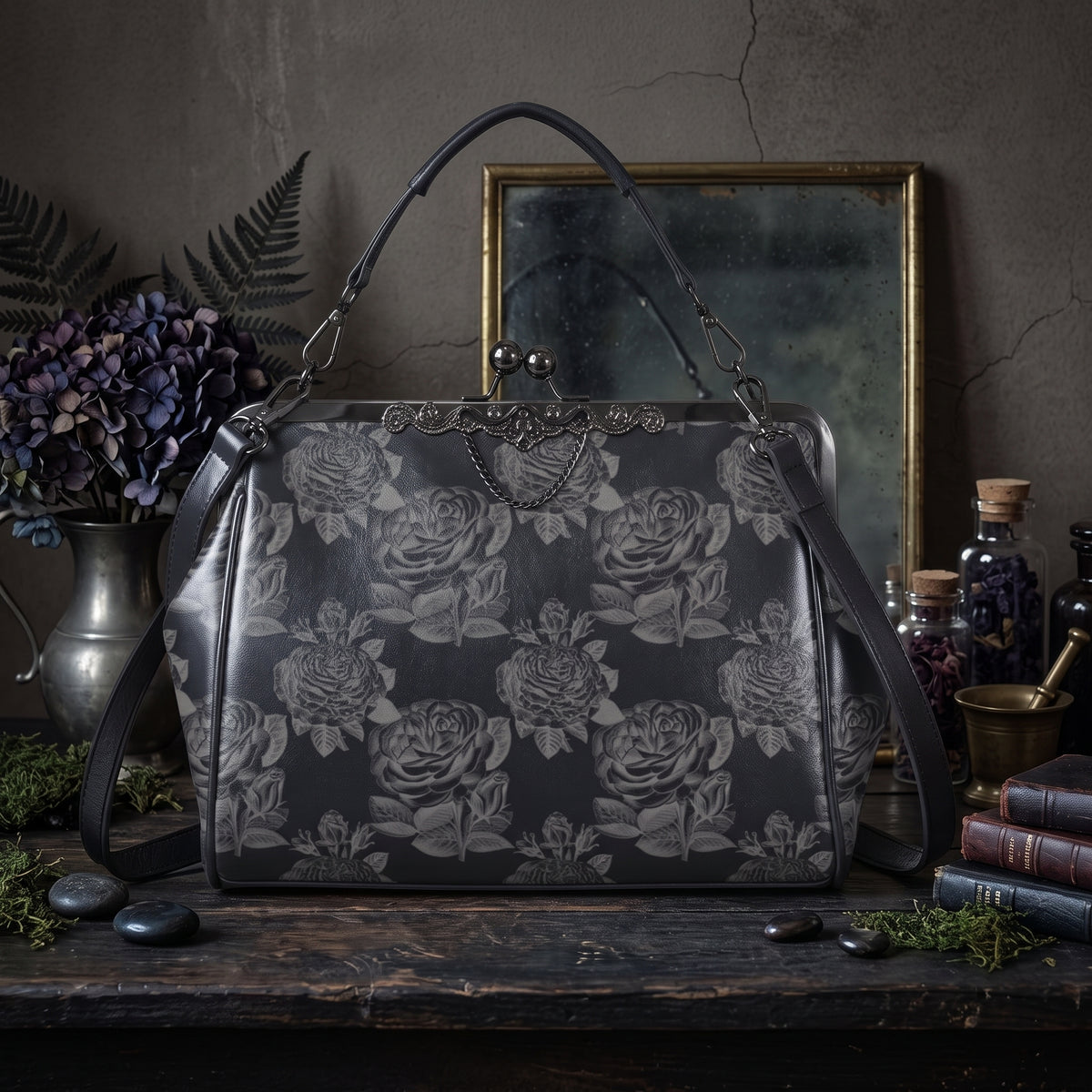 Gothic Black Roses Kisslock Purse