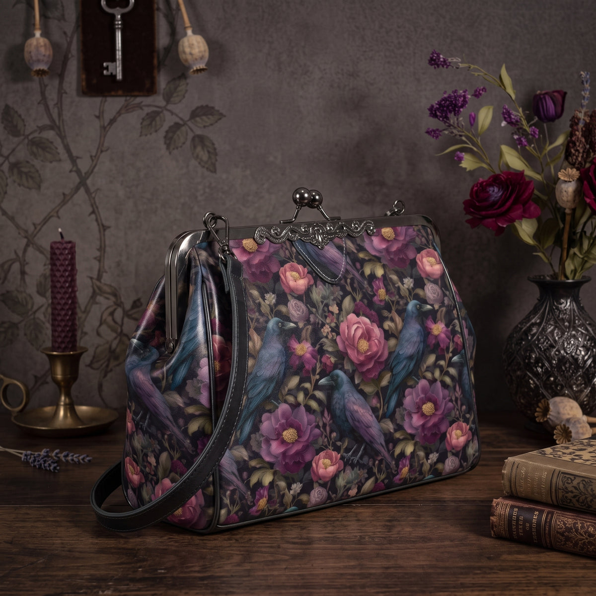 Ravens and Purple Flowers Kisslock Purse
